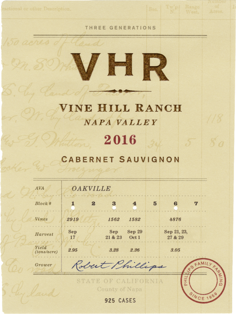 Vine Hill Ranch, Napa Valley, 2016 Cabernet Sauvignon wine label