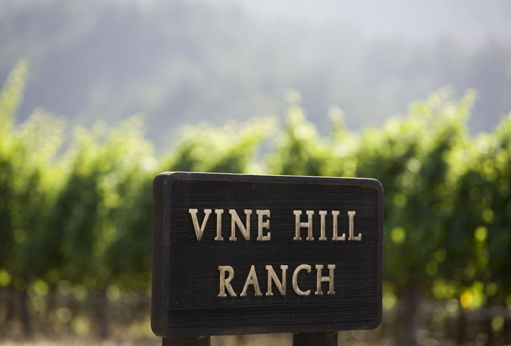 Vine Hill Ranch sign in front of vineyards